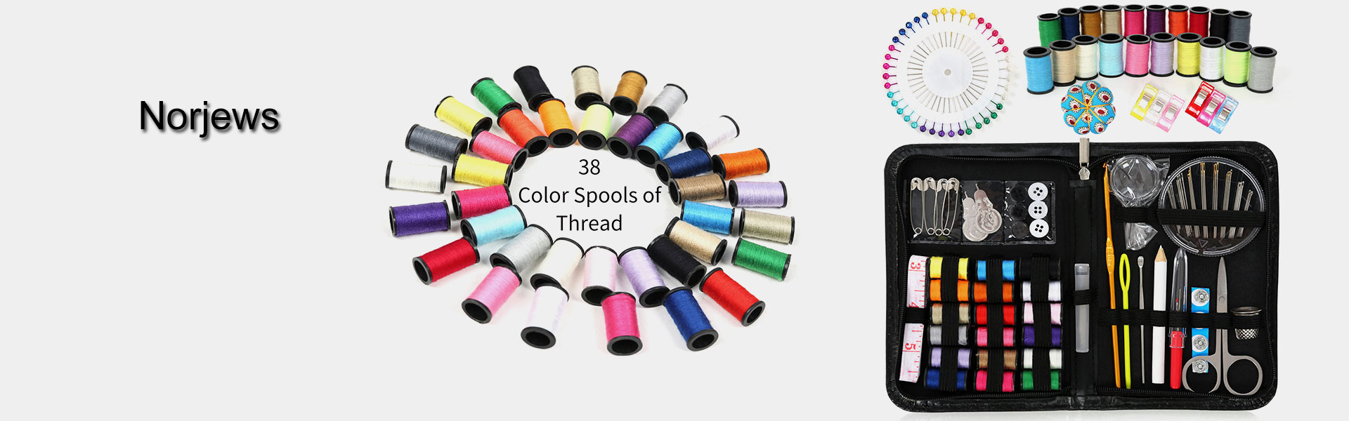 <p>Norjews Sewing Kits, Over 145 Premium Sewing Supplies with Case, 38 Color Spools of Thread, 40 Quality Sewing Pins, Sewing Needles Accessories for Travel, kids, Beginners, Emergency - Best Gift!</p>